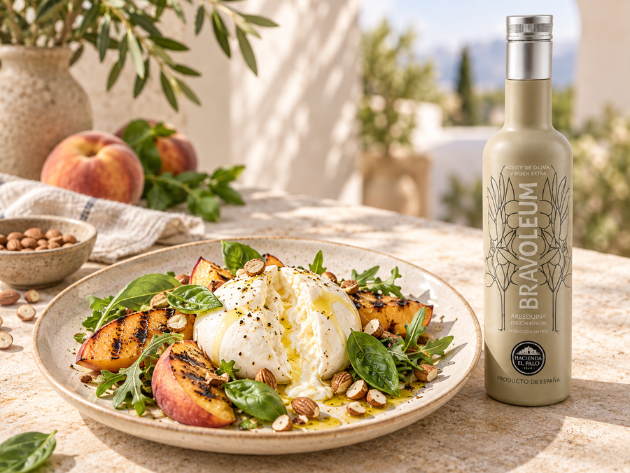 Burrata, Peach and Basil Salad with Arbequina Olive Oil