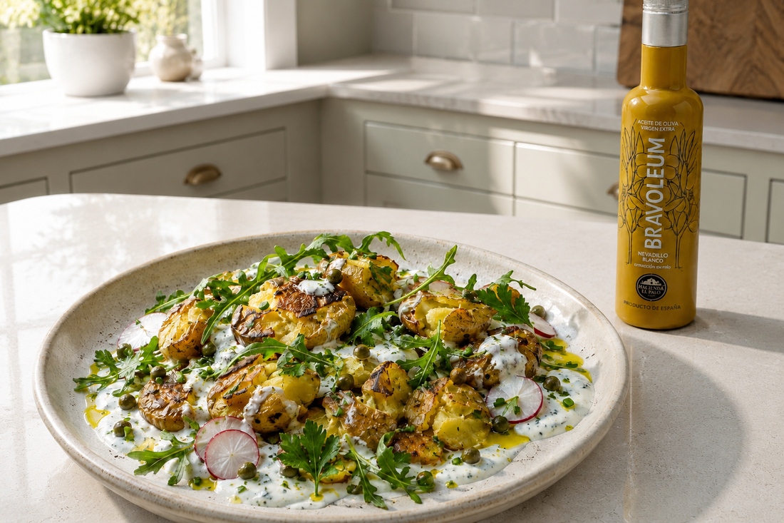 Crispy Smashed Potato Salad with Herb Dressing and Nevadillo Blanco
